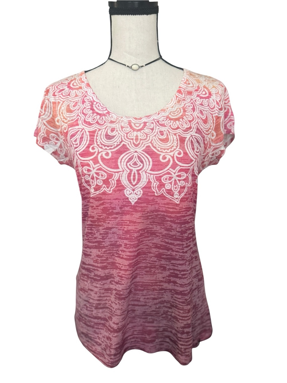 prAna Breathe Tee Medium Pink Orange Mandala Burnout Yoga Boho Top